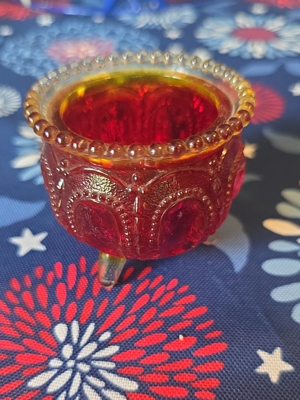 Mid-century Amberina Ruby Red Glass Tripod Candy Trinket Toothpick Holder Dish